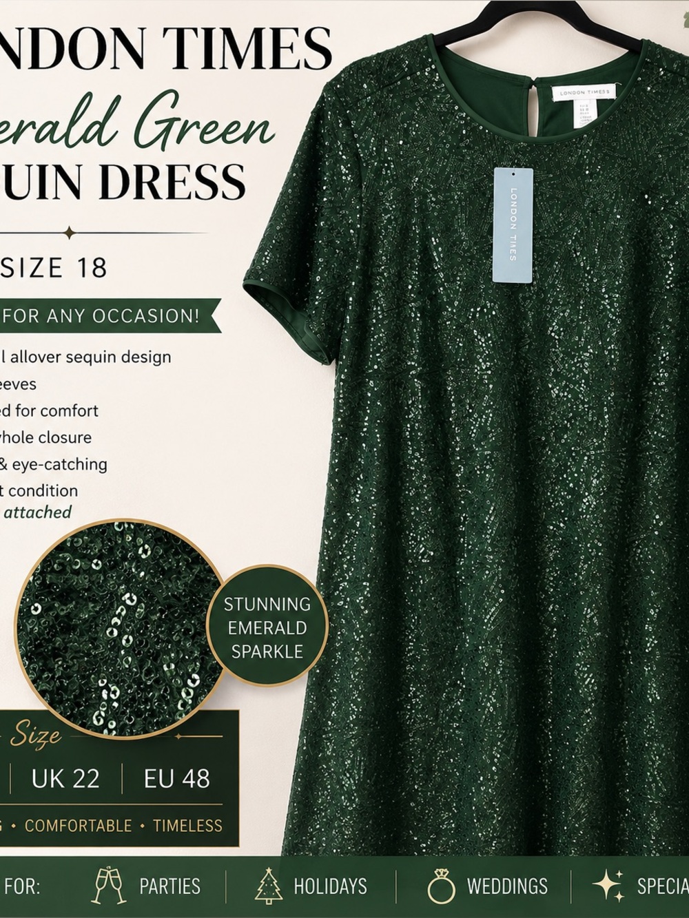 Women's Forest Green Sequin Shift Dress size 18